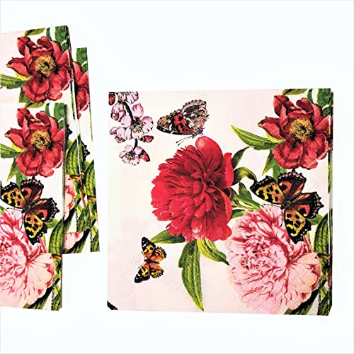 Papierservietten, 20 Stück, 3-lagig, 5x5, Pfingstrosen-Servietten, weiße Blumen, Papierservietten, dekorative Papierservietten, Muttertags-Servietten, hübsche Blumen-Servietten, Papier