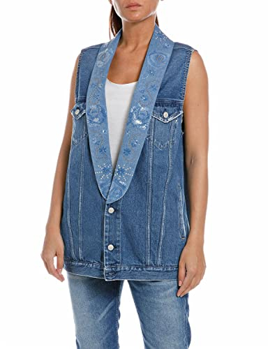 Replay Damen Jeansweste mit Pailletten, Medium Blue 009 (Blau), S