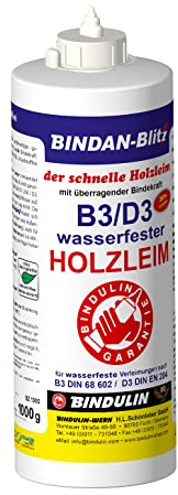 BINDAN-Blitz Holzleim-D3/ B3 ist ein schadstofffreier, hochwertiger Kunstharzleim für wasserfeste Verleimungen 20% schneller inkl. Pinsel von E-Com24 (Bindan Blitz 1000 ml)