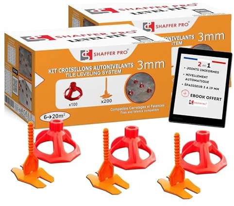 Croisillons carrelage autonivelant 3 mm | 400 clips + 200 cadrans réutilisables | 3-22 mm I Shaffer pro | compatible 20mm I système nivellement à visser | aide la pose de carreaux pour pose Sols/murs