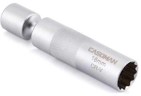CASOMAN 3/8 Dr. Swivel Magnetic Spark Plug Socket-16mm, 360° Degree Swivel, 12-Point, CR-V, Length: 4-Inch
