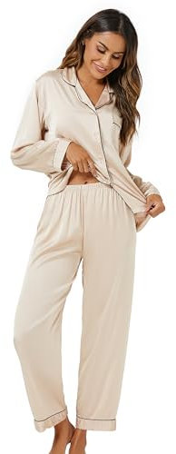 Xuepelit Pigiama Donna Seta Lungo Set con Bottoni a Maniche Lunghe Pigiami Due Pezzi con Revers Pigiama Invernale Pantalone Lunga Loungewear Camicia da Notte,Champagne, XXL