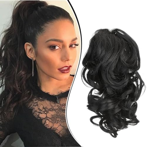 Dcbaboo Pferdeschwanz Haarteil Zopf Extension mit Klammer Wellige Kurz Ponytail Extensions Haarverlängerung Clip Synthetik Gewellte Pferdeschwanz Haarextension Zopf, 30cm Schwarz