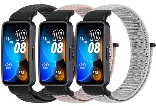 BTTNG Nylon Armband Kompatibel für Huawei Band 8/Huawei Band 9/Huawei Band 10 Damen Herren, 3 Stück Atmungsaktive Nylon-Armband Sport Solo Loop Ersatzbänder für Huawei Band 8/9/10 NFC
