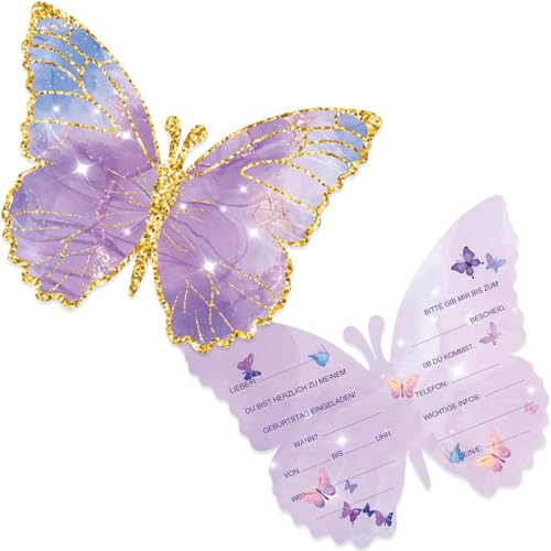 Tixlux 12 Einladungskarten zum Kindergeburtstag, 13 x 10 cm Schmetterlingen Einladungskarten, Geburtstagseinladungen für Mädchen und Jungen, Geburtstagseinladungen Kinder Geburtstagsfeier Kinderparty