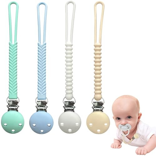 SALVAYRO Catenella Portaciuccio Silicone per Bambini (Kit da 4), Maschio e Femmina – Clip Adattatore per Ciucci Massaggiagengive con Cordino per Neonato Doccia, Ideale per Neonato.
