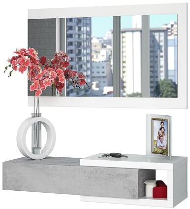 Miroytengo Mueble de Entrada con Espejo Recibidor Neutre Estilo Multifuncional Color Blanco Artik y Gris Cemento 95 cm