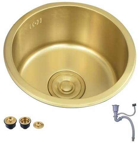 Fregadero Pequeño De 32/36/40 Cm Hermoso Fregadero De Cocina Redondo De Acero Inoxidable Dorado Lavaplatos Para Bar De RV Lavabo De Un Solo Tazón Para Baño De Restaurante(36 * 36 * 19cm)