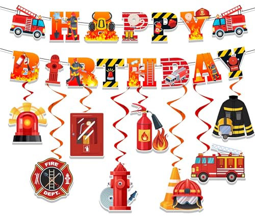 Feuerwehrmann Geburtstagsparty Dekorationen Set, 9pcs Feuerwehrautos Geburtstagsbanner Hängende Wirbel für Feuerwehrauto Party Deko