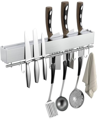 LOTUSWILD Porte Couteaux Aimanté 3 en 1 40cm – Barre Aimantée en Acier Inox avec 8 Crochets & Rangement Couteaux – Montage Autocollant ou Vis – Support Magnetique Cuisine Mural
