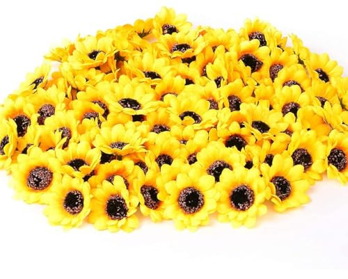 BSTHP Künstlicher Sonnenblumenkopf, 4,5 cm, 50 Stück Sonnenblumen aus Kunstseide, für Hochzeit, Haus, Garten, Party (Gelb)
