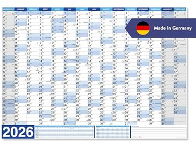 Wandkalender XXL 2026 | 15 Monate Dez 2025 - Feb 2027 | Papier 250gr / matt | GEROLLT ohne Falten | inkl. Mondphasen, Schulferien, Feiertage | Büro Jahreskalender Wandplaner Office | 140 x 100 cm