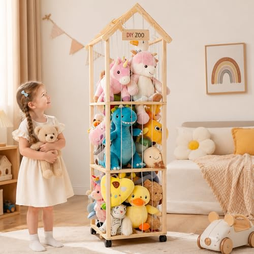 Yalitrca Soft Toy Storage Zoo with Wheels, Solid Wood Plush Organiser | 150 x 40 x 40cm wood plush organiser with house design, elastic cords and 360° swivel castors for kids rooms and nurseries
