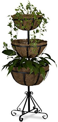 Relaxdays Blumenampel Metall, 3 Ebenen, stehend, Einlagen aus Kokosfasern, H x B x T: 103 x 40 x 40 cm, braun