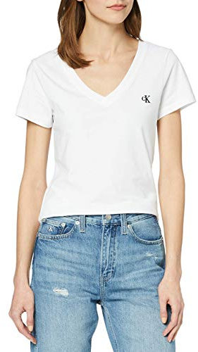 Calvin Klein Camiseta de Manga Corta Mujer CK Embroidery con Cuello de Pico, Blanco (Bright White), M