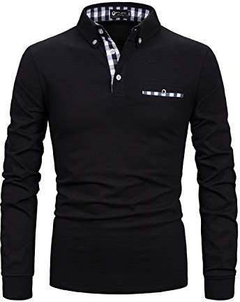 STTLZMC Mens Long Sleeve Polo Shirts Plaid Collar Basic Casual T-Shirt #23 Black L