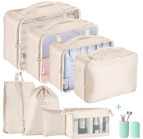 Packing Cubes for Suitcase,Geediar 9 PCS Travel Luggage Packing Organizers Waterproof Travel Essentials Bag Clothes Shoes Cosmetics Toiletries Storage Bags(c-Beige)…