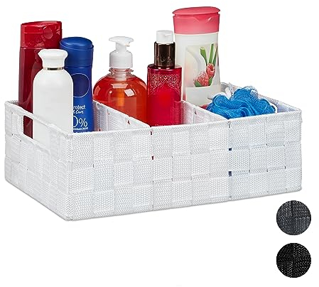 Relaxdays Aufbewahrungskorb mit Fächern, Kosmetik Aufbewahrung im Bad, Körbchen mit Griffen, HBT: 10 x 32 x 21 cm, weiß, 1 Stück
