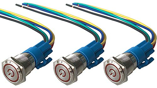 QitinDasen 3Pcs Premium 12V / 24V 5A Verriegelung Druckschalter, 19mm Auto Zündungs Startschalter, Rot LED Licht Edelstahl IP67 Wasserdichter Schalter mit Steckdosendraht