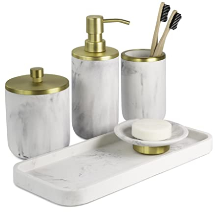 Badezimmer Seifenspender Set - Badezimmer Zahnbürstenhalter Set, Marmor, Gold, Bauernhaus Badezimmer Dekor, 5 Stück Badezimmer Zubehör Set