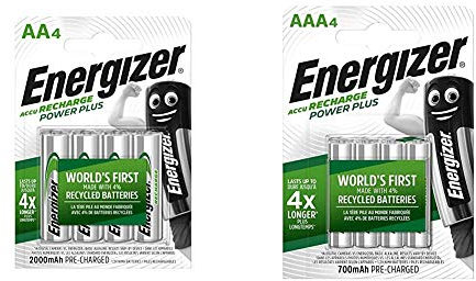 Energizer Rechargeable Batteries AA, Recharge Power Plus, Pack of 4 & Rechargeable Batteries AAA, Recharge Power Plus, Pack of 4