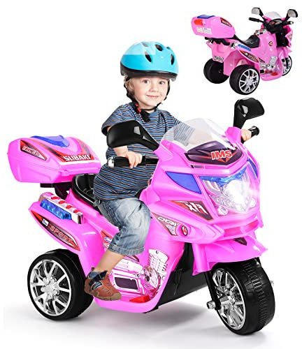 GOPLUS Moto Electrique Enfants 3-6 Ans avec Fonction Avant et Arrière, Sons et Musique, Moto Porteur Bebe,Voiture Electrique Enfants,Charge 30KG,3 km/h(Rose)