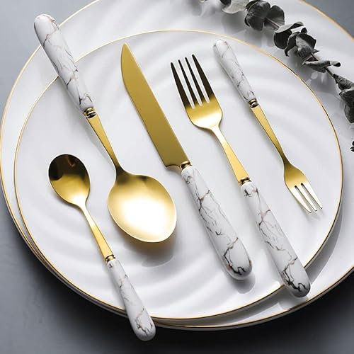 24 Piece Marble Gold Stainless Steel Fork Knife Spoon Set with Wooden Luxury Gift Box