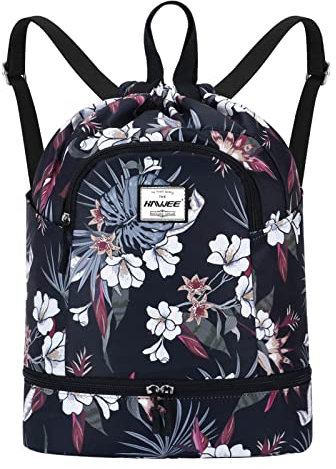 HAWEE Dry Wet Kordelzug Rucksack mit Schuhfach für Frauen Verstellbarer Turnbeutel, Tropische Blume, Einheitsgröße, Daypack Rucksäcke