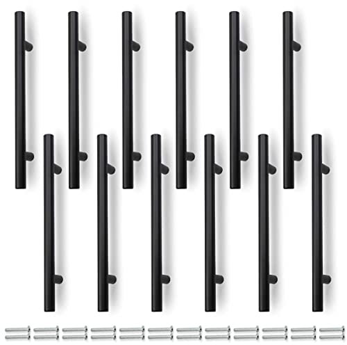 Bwintech 12 Pcs 150MM (96MM Hole Center) Matte Black Cabinet Pull Handles Kitchen T Bar Handles, Stainless Steel, Ideal for Cabinet, Drawer, Cupboard