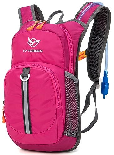 Ivygreen Sac à dos d'hydratation pour enfants, sac à dos de randonnée pour garçons ou filles avec poche d'eau de 1,5 l (rose rouge, taille S)