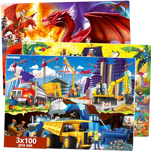 QUOKKA Bodenpuzzles für Kleinkinder - 3x100 Teile - Piraten Puzzles für Kinder im Alter von 4-6 - Spielzeug zum Lernen von Piraten & Konstruktionen & Tiere für 6-8 Jahre - Jigsaw Kleinkind Spiel für