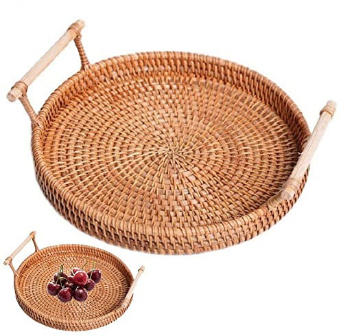 Bandeja Redonda De 1pc Rattan, Bandeja De Almacenamiento De Mimbre con Tejido a Mano Sirviendo Pastel De Cesta Bandeja para Servir para Hogar