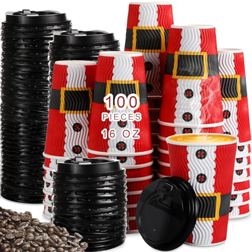 Foaincore Einweg-Weihnachtsbecher mit Deckel, 473 ml, geriffelte Wand, Weihnachts-Pappbecher, Einweg-Kaffeetassen, heißer Kakao, Partyzubehör für Espresso, Tee, Getränke, Trinkparty (Weihnachtsmann)