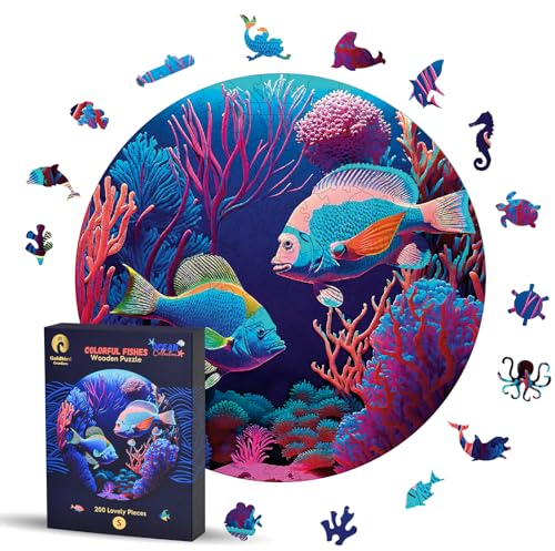 Holzpuzzle Erwachsene Und Kinder - Rundes HolzPuzzles Tiere 200 Teile - Erwachsen Holz Puzzle Ozean- Wooden Puzzle - Geburtstags Weihnachten Geschenke (Small, Fische)