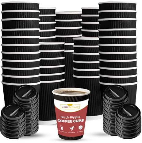 CHEF ROYALE 30x 16oz Black Ripple Disposable Coffee Cups with Lids - Insulated Triple Walled Takeaway Coffee Cups - Disposable Cups for Hot and Cold Drinks for Christmas, Birthdays Parties (30, 16oz)