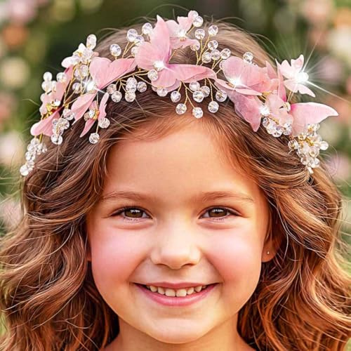 IYOU Haarschmuck Schmetterling Kommunion Mädchen Stirnband Hochzeit Kristall Rot Kopfschmuck Braut Brautjungfer für Blumenmädchen