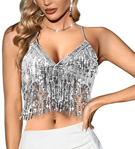 Ushiny Pailletten Quasten Top Bauchtanz Crop Top Karneval Kostüme BH Top Party Tank Top Rave Outfit für Frauen und Mädchen(Silber)