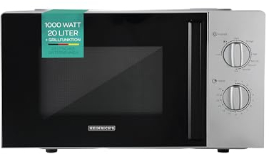 HEINRICHS Mikrowelle, kompakte Mikrowelle, 20L Volumen, 9 Leistungsstufen, inkl.35min.Timer, Defrost Funktion, Innenraumbeleuchtung,360°Drehteller, mit Grillfunktion,1000W Leistung, Heinrich´s(silber)