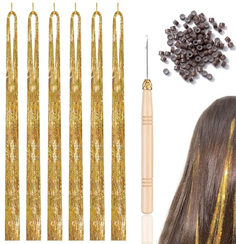 KSJEHW 6 Stücke 1200 Glitzer Haarsträhnen Lametta für Haare Tinsel Hair Extensions Glitter Glitzersträhnen Haarverlängerung Fairy Haarlametta Haarextension Kit(Gold)