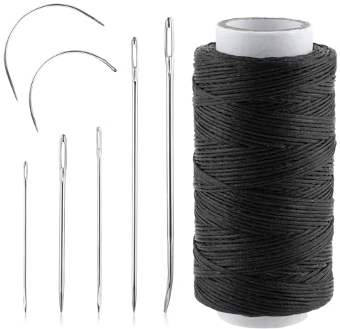 Leather Waxed Thread, Sewing Waxed Thread with 7pcs Sewing Needles, Repair Sewing Thread Kit for Bookbinding, Shoe Repairing, Leather Repairing Craft DIY (Black)