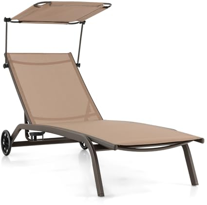 GOPLUS Transat Jardin Exterieur avec Pare-Soleil Réglable et Porte-gobelet, 165 x 61 x 96, Bain de Soleil avec Dossier Réglable 6 Niveaux avec roulettes pour Piscine, Jardin, Charge 150KG (Marron)