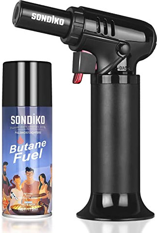Sondiko Flambierbrenner mit Butan Enthalten, Butan-Kraftstoff-Nachfüllpackung und S907 Bunsenbrenner-Kit, 175 ml, Feuerzeug-Flüssigkeit-Nachfüllung für Feuerzeug, Küchenbrenner (1 Dose)
