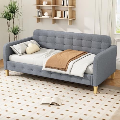 HAINEW Polsterbett Tagesbett Schlafsofa 90 × 200cm mit Armlehne und Rückenlehne, Leinen Sofabett Couchbett Daybed Funktionsbett Jugendbett Einzelbett Gästebett, Knopfnagelverzierung (Grau)