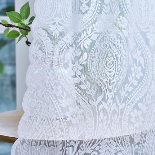Kotile 228 cm weiße Spitzenvorhänge für Wohnzimmer, 2 Paneele, Bohemian-Damast-Medaillon, mattierte, durchsichtige Vorhänge für Schlafzimmer, Stangentasche, Privatsphäre, Vintage-Paisley-Blumenmuster,