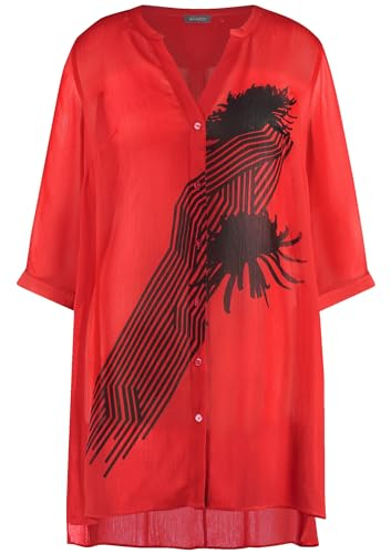 Samoon Damen Longbluse aus Chiffon 3/4 Arm, Armschlitze Frontprint, unifarben Power Red Gemustert 50