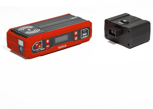 Baricus Starthilfe Powerbank mit Konverter auf 230V Steckdose - Induktives Laden - Kompressor - LED-Licht - Autostarter inkl. Transporttasche - B-Ware (Rot)