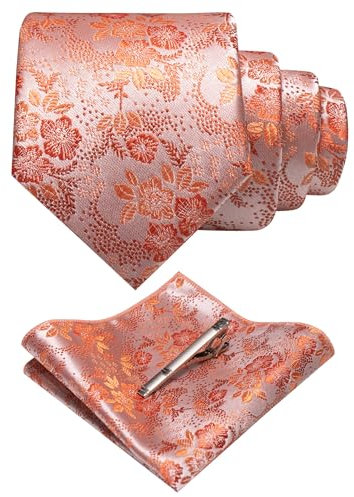 JEMYGINS Herren Blumen Krawatten und Einstecktuch Sets mit Krawattenklammer in verschiedenen Farben erhältlich,Rosa/Aprikose