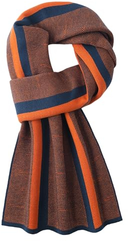 WANYING Herbst Winter 6% Wolle Herrenschal Gestrickter Schal Strickschal Wolleschal für Herren Mode Schick Casual Business - Schmal Gestreift Dunkelblau & Orange
