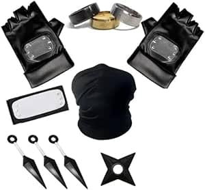 Matsizen Kunai Kunai Cosplay Set, Kunai Stirnband Set,1 Schwarzes Konoha-Stirnband, 3 Kunai-Kunststoffe, 1 SpielzubehöR, 1 Maske, 2 Handschuhe, 3 Ringe, 2 Aufkleber