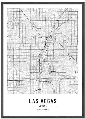 JUNOMI® Las Vegas Poster DIN A4 mit Rahmen Schwarz, DIN A4 Wohnzimmer Deko, Modernes Wandbild, Las Vegas Bild, Wandbild mit Rahmen, Stadtplan Poster Las Vegas, perfekte Geschenkidee für Las Vegaser